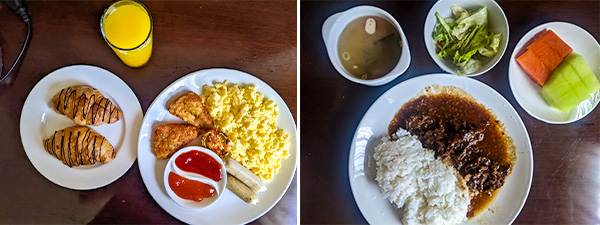 隔離用ホテルで提供された食事の一例。昼と夜はメイン料理にサラダ、果物が付いた他、和食メニューではみそ汁も出された=1月(NNA撮影)