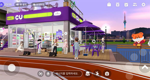 仮想空間の漢江公園にオープンしたコンビニCUには多くの人が訪れる(ゼペットのプレー画面をキャプチャー)